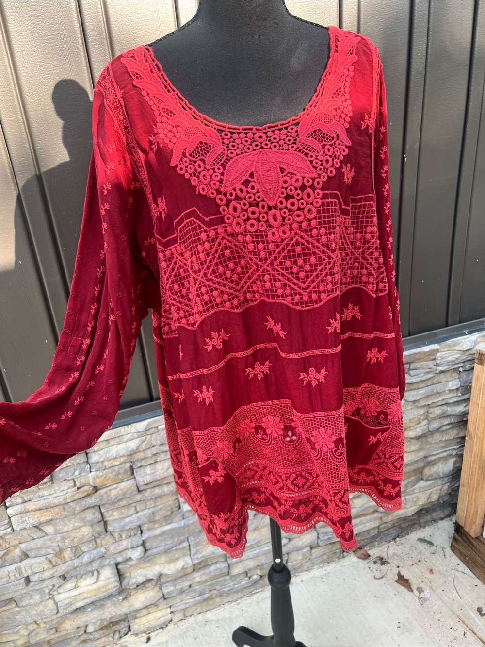 Johnny Was Deep Red Embroidered Boho Tunic sz XXL